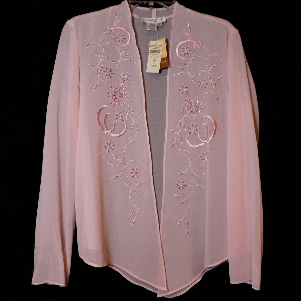 NEW Coldwater Creek Open Front Sheer Jacket Sequin Pink Embroidered Beads 10